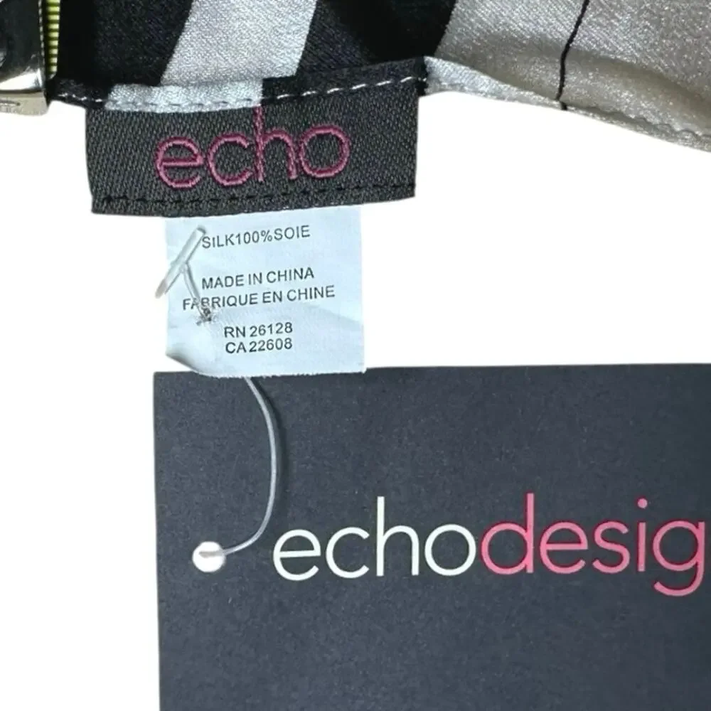 Echo 100% Silk Scarf Mod Geometric Retro Circle Design 60” Black White Head NWT